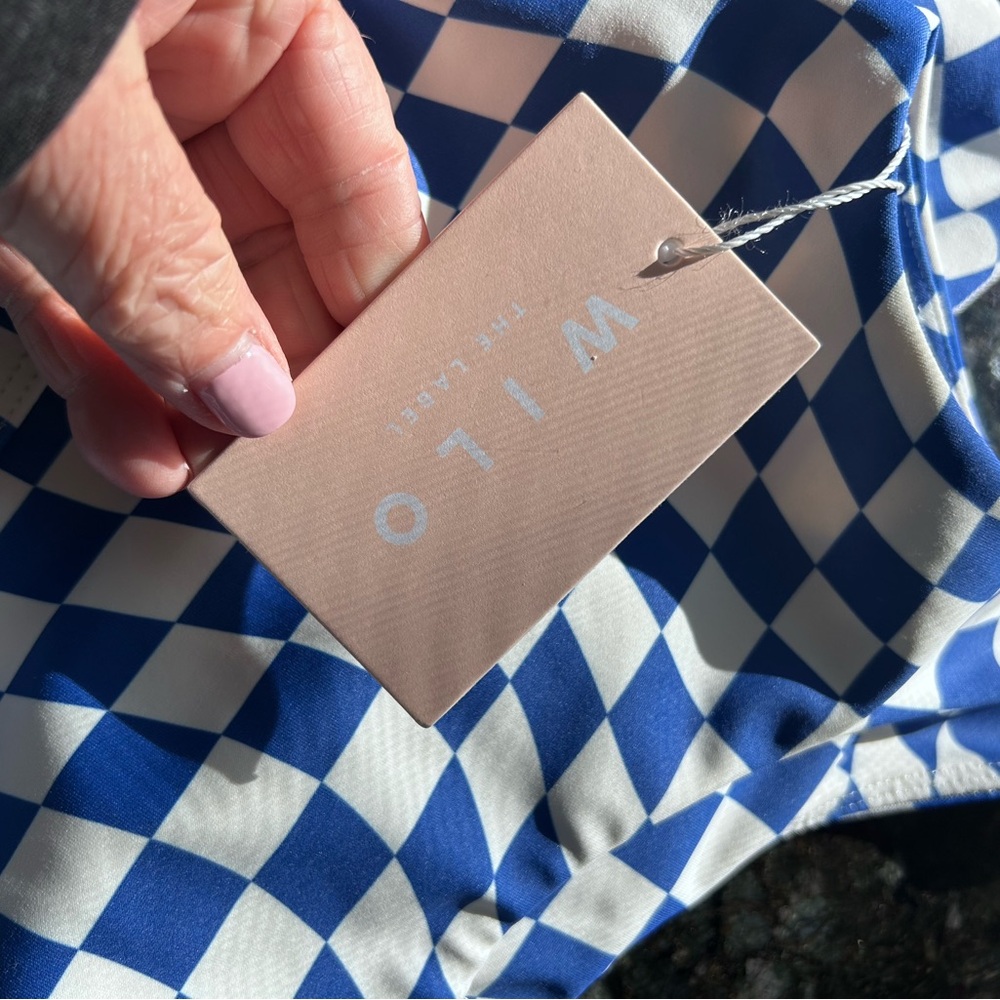 NWT Wilo The Label Blue and White Check The Wave Bike shorts and Bra set. Medium - Picture 7 of 11
